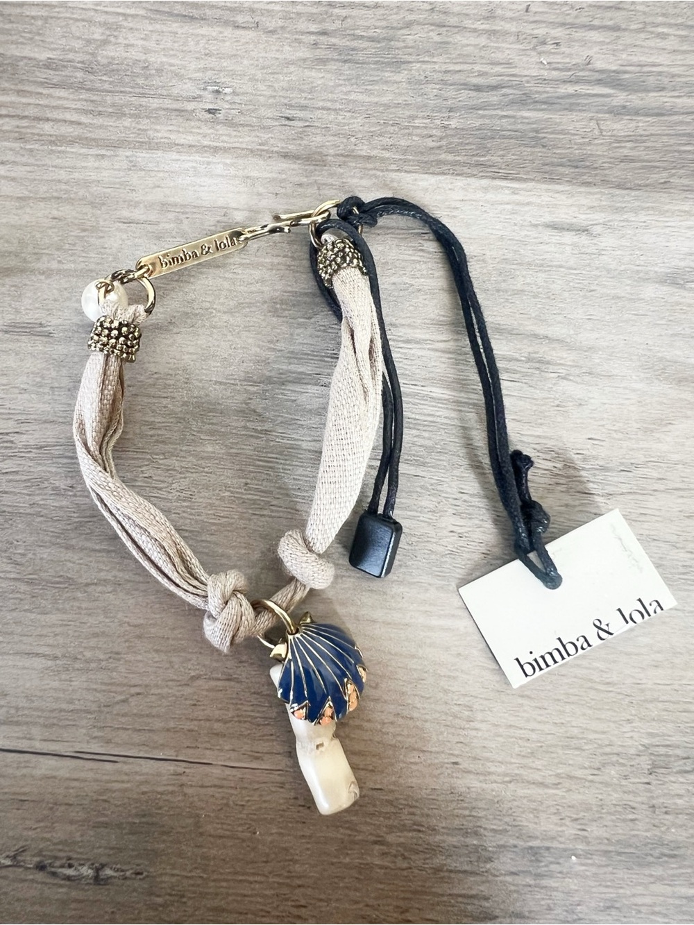 Bimba & Lola Womens Beige linen strap blue seashell Charm Bracelet NEW